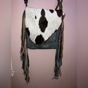Myra Bag Cobal Blue Conceal Carry Cow print tooled leather fringe bag